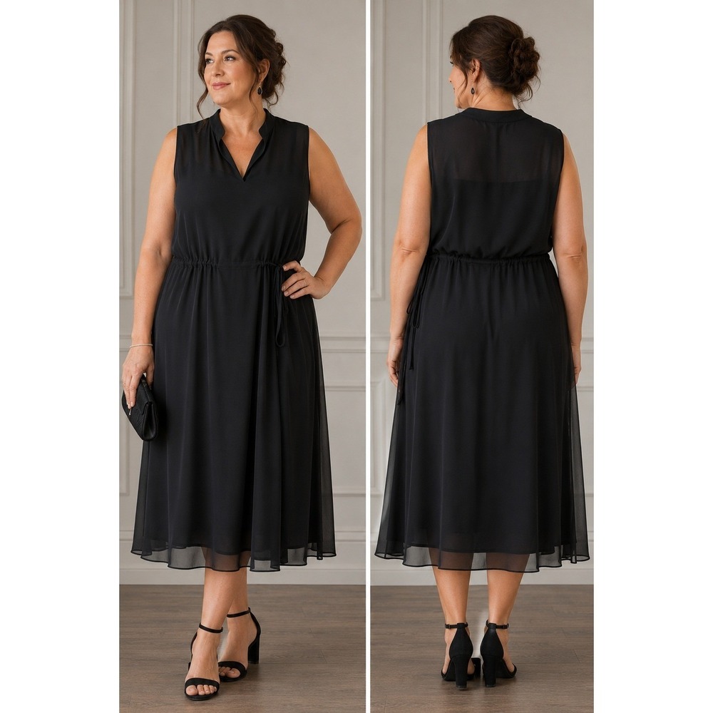 Anne Klein Midi Dress 2X Black Chiffon Sleeveless V-Neck Tie Waist Elegant LBD